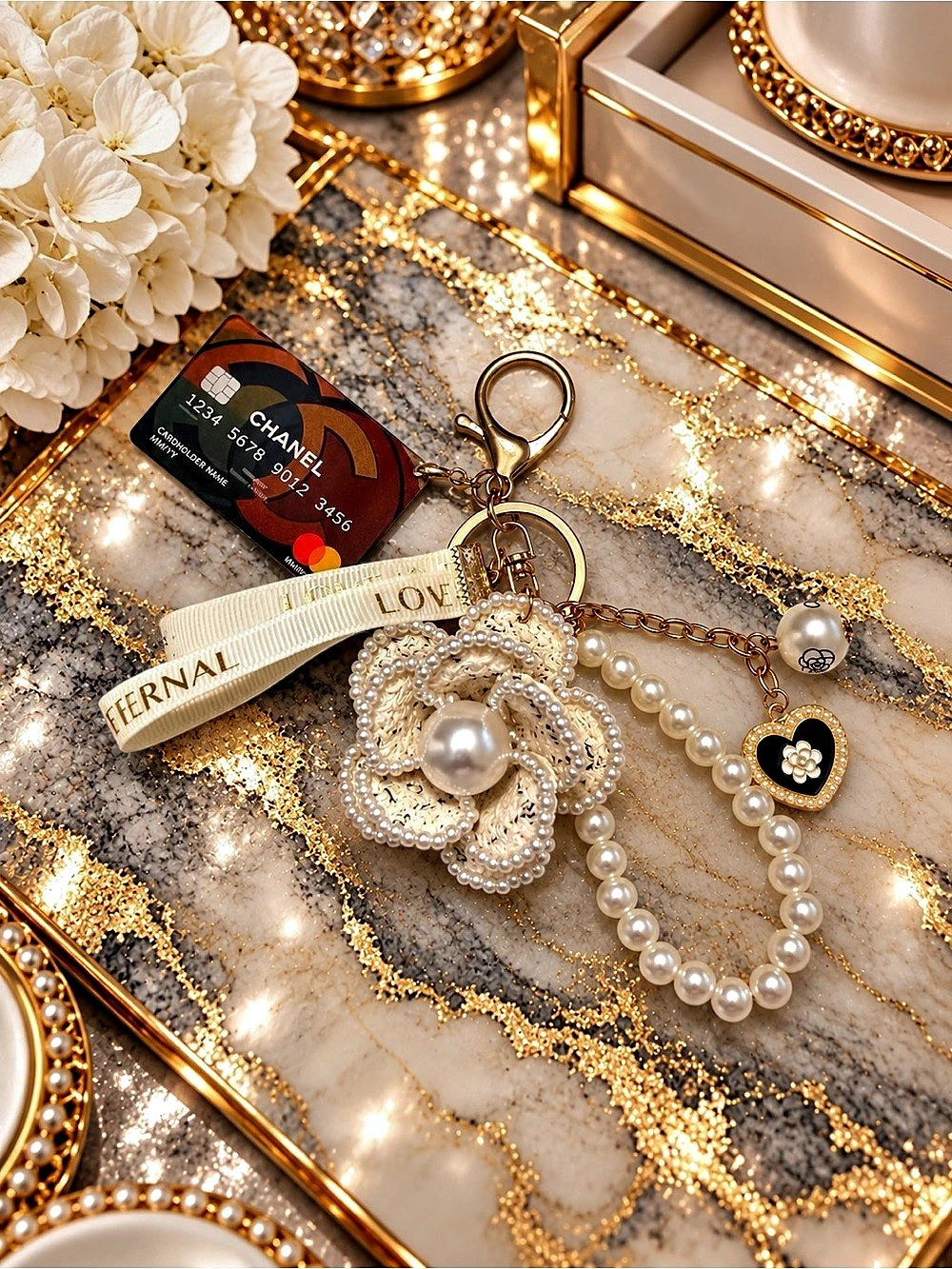 Hand-Assembled Cream Pearl Camellia Credit Card Bag Charm Keychain